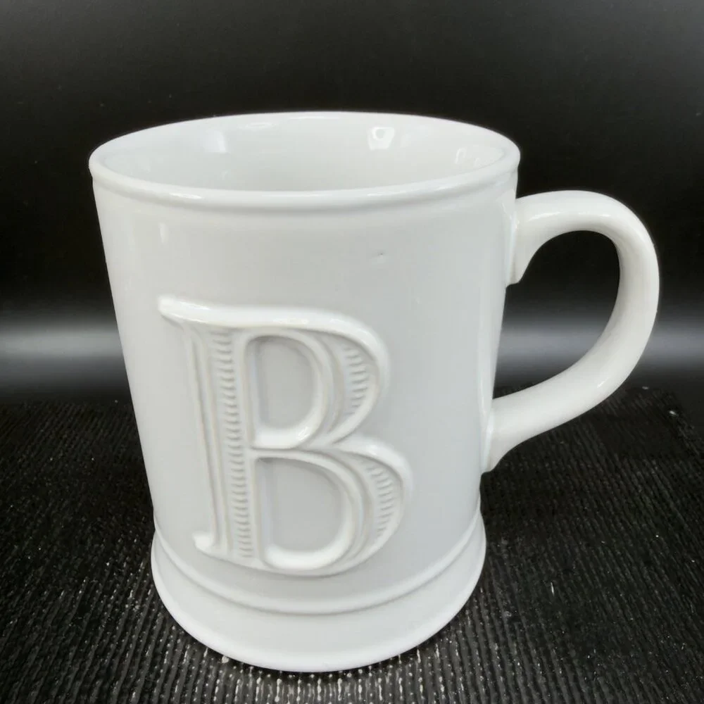 Pottery‎ Barn Monogram Letter B White Raised Letter Ceramic Stoneware Cup Mug